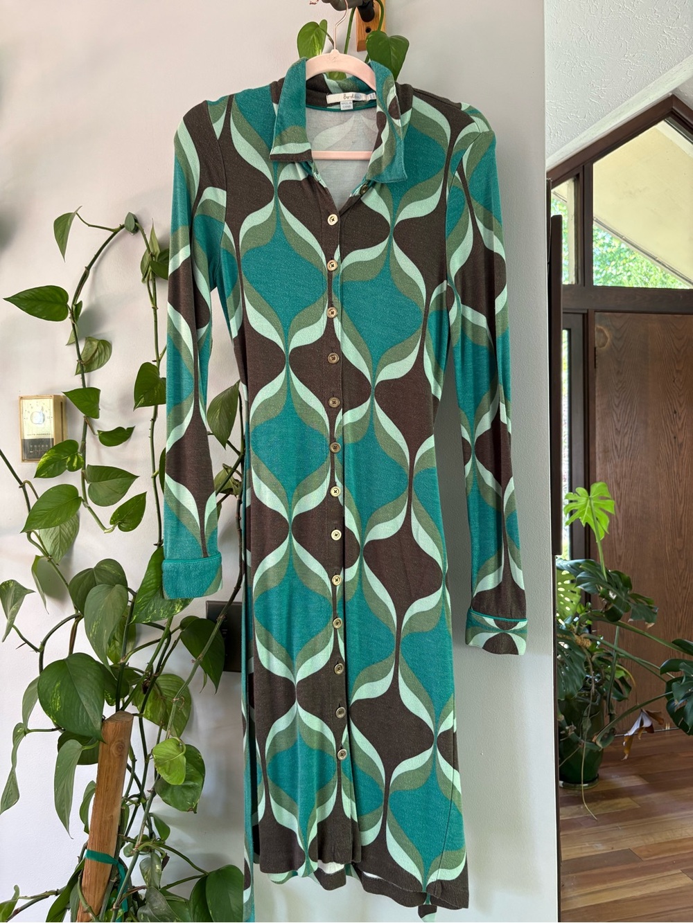 Boden Teal & Brown Geometric Button-Front Long Sleeve Dress
